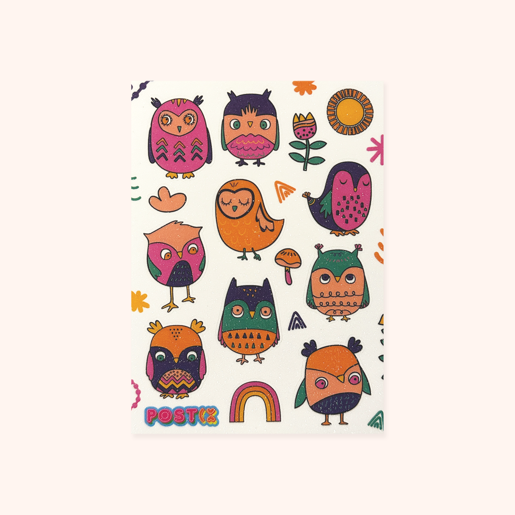 Colorful Cartoon Owls Glitter Sticker Sheet