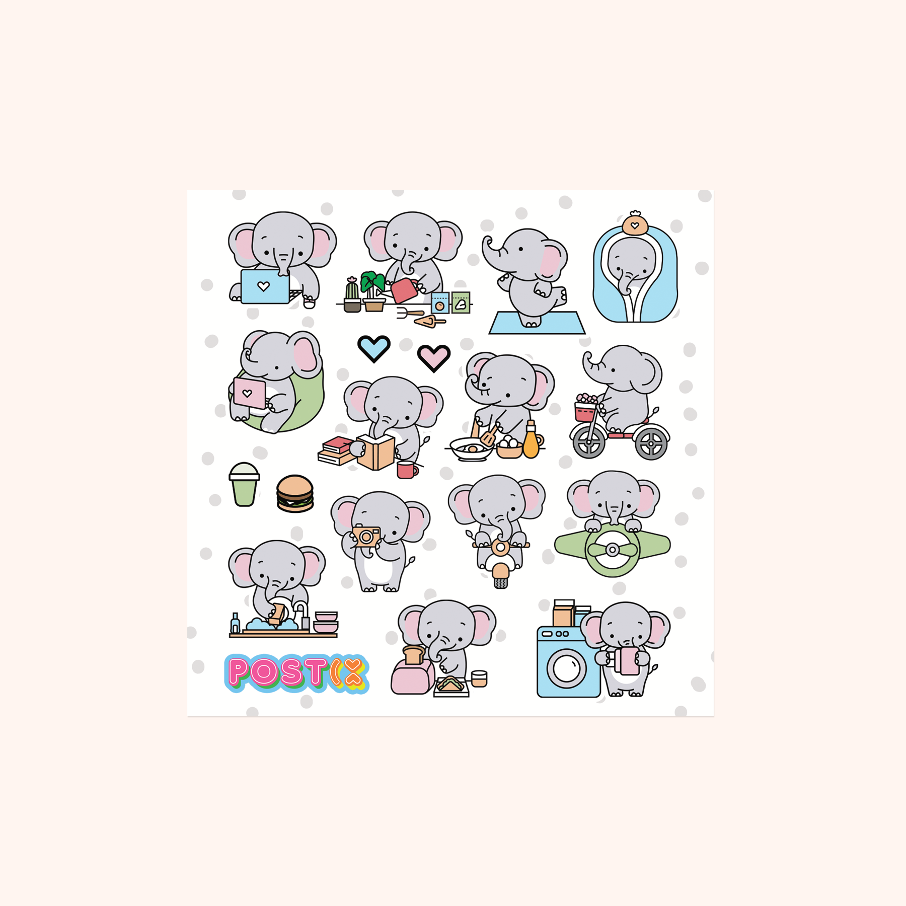 Elephants Busy Day Square Glossy Sticker Sheet