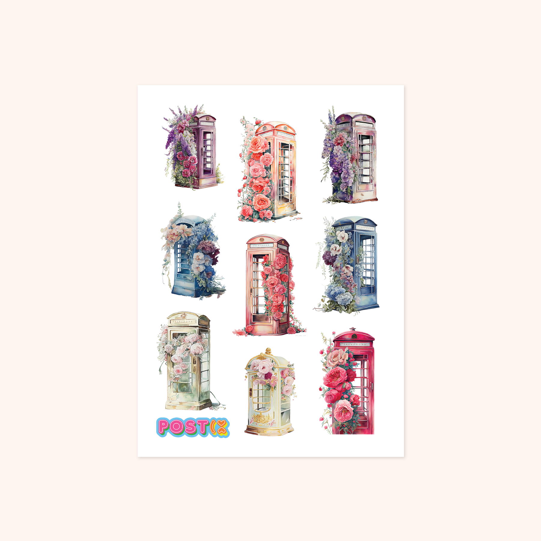Vintage Floral Telephone Booths Washi Sticker Sheet